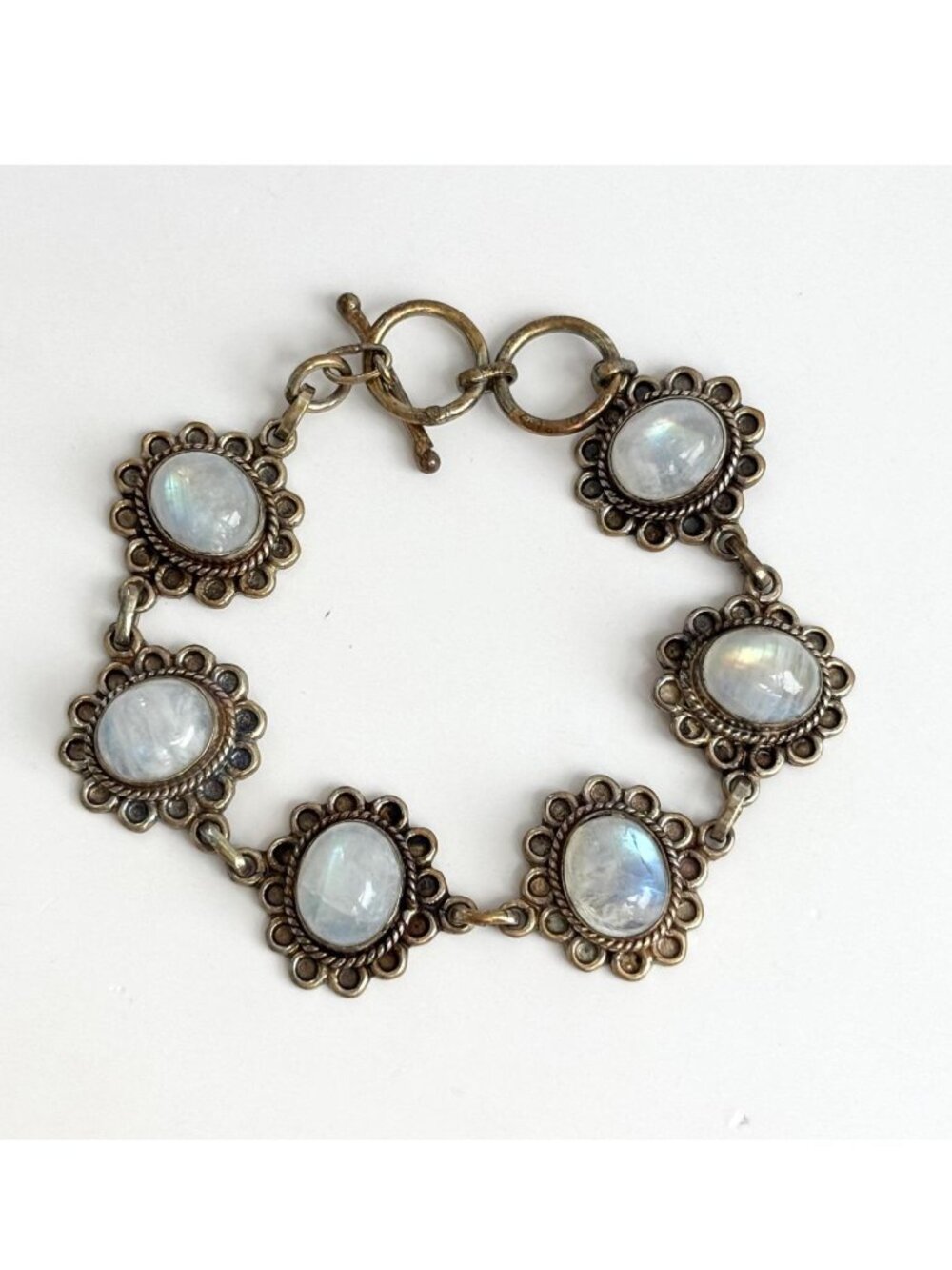 Iridescent Moonstone Vermeil Floral Sterling Silver 925 Vintage Bracelet